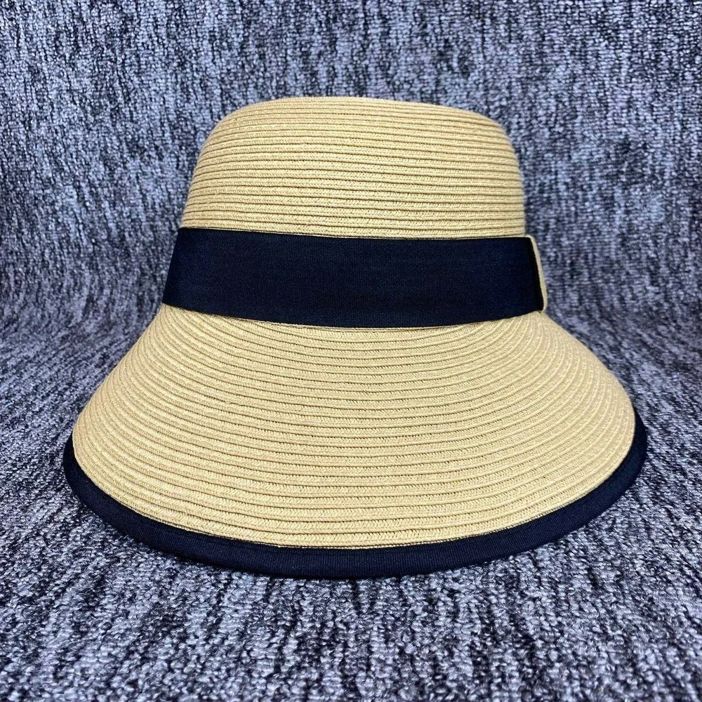 HBY Miami Straw Sun‎ Hat Wide Brim Black Ribbon Bow Beach Bucket Visor Women OS